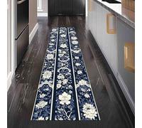 Tapis de Couloir Long Chinoiserie Floral Tapis d'Entrée Antidérapant Bleu et Blanc Pivoine Paillasson Absorbant et Lavable Asiatique Rayé pour Cuisine, Devant Evier et Chambre 60x150 cm