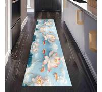 Tapis de Couloir Long Style Chinois Lotus Tapis d'Entrée Antidérapant Oriental Poisson Rouge Paillasson Absorbant et Lavable Floral Nuage pour Cuisine, Devant Evier et Chambre 60x150 cm
