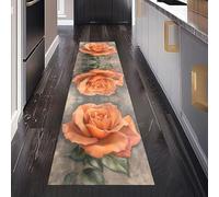 Tapis de Couloir Long Vintage Fleur Tapis de Cuisine Antidérapant Rustique Feuilles Lavable en Machine Classique Imprime Paillasson Doux pour Entrée Intérieur et Chambre 60x150 cm