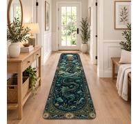 Tapis de couloir marin sur le thème nautique serpent et bateau 5,1 x 20,3 | Thème nautique, tapis de chevet, illustration de bateau à voile, art fantastique de l'océan, boussole et bordure d'ancres