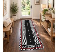 Tapis de couloir moderne sur le thème de l'hippodrome de course de course 5 | Tapis de couloir avec bordure à carreaux - Motif Start Line - Design contrasté - Décoration pour les amateurs de course