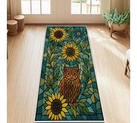 Tapis de couloir motif chouette - Motif floral artistique - Vert printemps - Antidérapant - Ne perd pas ses poils - Pour cuisine, porte, entrée, chevet - 0,6 x 1,5 m