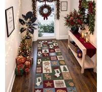 Tapis de couloir motif patchwork de Noël 2 x 5 | Motif quadrillage patchwork, tapis de couloir, motifs rennes, flocons de neige, motifs d'arbre à feuilles persistantes