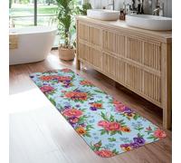 Tapis de couloir motif pivoine, pensée vive, chrysanthème printanier, bleu, antidérapant, esthétique, rectangulaire pour la maison, la cuisine, le couloir, la buanderie, l'entrée, 0,6 x 1,8 m