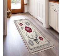 Tapis de couloir rectangulaire à poils courts en éponge pour cuisine, chevet, entrée, couloir, décoration de Noël rustique, motif renne, flocons de neige, rouge, 0,6 x 1,5 m