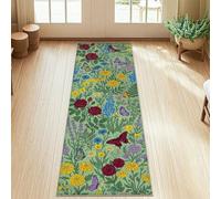 Tapis de couloir rectangulaire à poils courts - Ne perd pas ses poils - Pour cuisine, entrée, chevet, porte, couloir, décoration - Motif roses et papillons - Vert printemps - 0,6 x 1,5 m