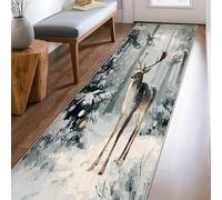 Tapis de couloir rectangulaire à poils courts pour cuisine, entrée, chevet, porte, couloir, motif renne rustique, Noël, gris, 0,6 x 2,4 m