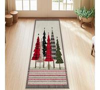 Tapis de couloir rectangulaire à poils courts pour cuisine, salle de bain, entrée, table de chevet, motif sapins de Noël, rustiques, rayures rouges, 0,6 x 1,5 m