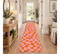 Tapis de couloir rétro ondulé à motif damier 61 x 203 cm | Tapis d'entrée à carreaux ondulés, esthétique rétro, contraste de couleurs vives, construction en mousse souple