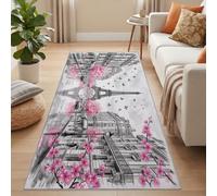 Tapis de Couloir Rue Romantique Lavable 65 x 240 cm, Antidérapant Poils Courts Gris Tapis de Passage Cuisine Paillassons, France Tour Eiffel Fleurs De Cerisier Tapis de Chambre pour Devant Évier