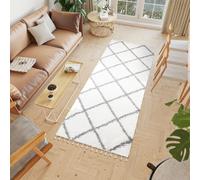 Tapis de couloir Tapis à poils longs Moderne Pont Salon Chambre à coucher Design Crème Gris foncé Franges 100 x 200 cm