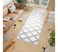 Tapis de couloir Tapis à poils longs Moderne Pont Salon Chambre Design Crème Gris Franges 100 x 300 cm