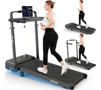 Tapis de Course Pliable Inclinable avec Bureau, Tapis de Marche Inclinaison 9%, avec Barre, Capacité 136 kg+, Bureau Réglable en Hauteur et Amovible, Compact, Moteur 3,5 CV, pour Maison/Bureau