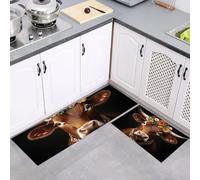 Tapis de Cuisine 2 Pièces, Animaux Photographie Vaches Portraits, Tapis de Cuisine Antidérapant Lavable 40x60cm+40x120cm Noir Marron Paillasson de Sol pour Couloir, buanderie, Chambre à Coucher