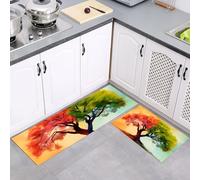 Tapis de Cuisine 2 Pièces, Aquarelle Arbres des Quatre Saisons, Tapis de Cuisine Antidérapant Lavable 40x60cm+40x120cm Orange Vert Paillasson de Sol pour Couloir, buanderie, Chambre à Coucher