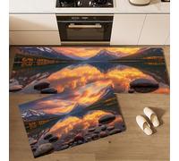 Tapis de Cuisine 2 Pièces Paysage Naturel, Tapis de Sol Lacs De Montagne Rochers avec Dessous Antidérapant Facile à Nettoyer pour Couloir Devant Evier Entrée, 44x75cm+44x120cm - Couleur Orange