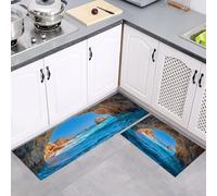 Tapis de Cuisine 2 pièces Paysage Réaliste Naturel Absorbante, Bleu Tapis de Sol Grottes Vagues De L'Océan Antidérapante Pliable, pour Cuisine Salle à Manger Buanderie Couloir 40x60cm+40x120cm