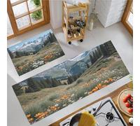 Tapis de Cuisine 2 pièces Paysages Naturels Absorbante, Vert Tapis de Sol Montagnes Enneigées Mers De Fleurs Prairies Antidérapante Pliable, pour Cuisine Salle à Manger Couloir 40x60cm+40x120cm