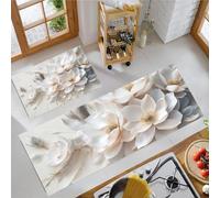 Tapis de Cuisine 2 pièces Relief 3D Élégant Absorbante, Blanc Tapis de Sol Fleur De Magnolia Pétales Antidérapante Pliable, pour Cuisine Salle à Manger Buanderie Couloir 50x80cm+50x180cm
