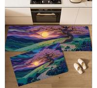 Tapis de Cuisine 2 Pièces Style d'art en Papier 3D, Tapis de Sol Colline Cerisiers en Fleurs avec Dessous Antidérapant Facile à Nettoyer pour Couloir Devant Evier Entrée, 44x75cm+44x120cm - Rose