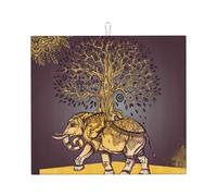 Tapis de cuisine absorbant avec motif éléphant asiatique avec arbre - Convient pour ranger couverts, couteaux et tasses