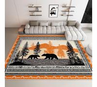 Tapis de Cuisine antidérapant Lavable Doux Rétro Forêt Ours Arbres Frontière, Tapis de Sol Interieur Paillasson entrée 160 x 230 cm, Devant Evier Douche pour Chambre à Coucher Salon Orange Noir