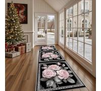 Tapis de Cuisine Antidérapant Luxe Rose Fleur Tapis de Couloir Long et Lavable Floral Feuille Paillasson Absorbant Classique Point Entrée, Salle de Bain et Descente de Lit 60x240 cm