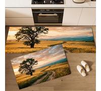 Tapis de Cuisine Chêne Des Champs De Blé Tapis de Sol Antidérapant Coucher De Soleil À La Campagne Carpette Confortables pour Couloir, Salle à Manger, Devant Evier, 43x75cm+43x150cm Jaune Doré