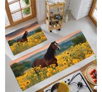 Tapis de Cuisine Cheval Brun Tapis de Passage antidérapant et Lavable, Coucher Soleil Sur Un Champ Tournesols Paillasson de Cuisine Anti-salissures pour Devant evier, Couloir, Chambre à Coucher, Brun