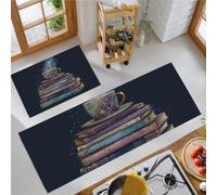 Tapis de Cuisine Contes De Fées Illustrations Lavable Antidérapant - Bleu Lot de 2 Tapis de Cuisine Livres Tasses De Thé Ciel Étoilé Résistant aux liquides, pour Couloir Salon 50x80cm+50x180cm