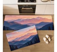 Tapis de Cuisine Coucher Soleil Sur Les Sommets Des Montagnes Tapis de Sol Antidérapant Coucher Soleil Forêt Montagne Carpette pour Couloir, Salle à Manger, Devant Evier, 50x80cm+50x150cm D'Orange