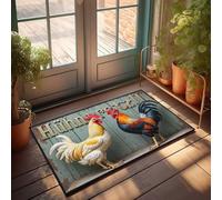 Tapis de cuisine d'automne pour le sol, coqs colorés devant un panneau en bois rustique, paillasson décoratif de porte d'entrée rétro (65 x 90 cm)