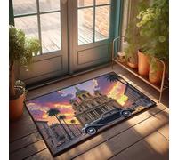 Tapis de cuisine d'automne pour sol voiture vintage devant la grande cathédrale au coucher du soleil paillasson décoration de porte d'entrée tapis rétro (40 x 60 cm)