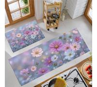 Tapis De Cuisine De Cosmos Minimaliste Naturel 2 Pièces, Ensemble De Tapis De Cuisine Lavable Esthétique Végétale, Paillasson Antidérapant Bleu-Gris Pour D'Entrée Salle De Bain, 40X60Cm+40X120Cm