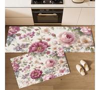 Tapis de Cuisine de Délabré Mais Unique Ensembles 2 Tapis de Pied Fleurs Rétro Antidérapant et Lavable Hiver Merry Decor pour Couloir, Porte D'entrée, Porte De Salle De Bain, 43x75cm+43x150cm Rose
