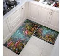 Tapis De Cuisine De Forêt Champignons Fantastique 2 Pièces, Ensemble De Tapis De Cuisine Lavable Illustration Végétale, Paillasson Antidérapant Vert Foncé Pour D'Entrée Salle De Bain, 43X75Cm+43X150Cm
