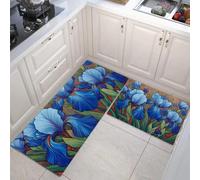 Tapis De Cuisine De Iris Champêtre 2 Pièces, Ensemble De Tapis De Cuisine Lavable Texture Végétale Naturelle, Paillasson Antidérapant Bleu Indigo Pour D'Entrée Salle De Bain, 40X60Cm+40X120Cm