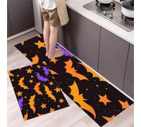 Tapis De Cuisine De Parc Animaux dessin animé, Ensemble De Tapis De Cuisine Lavable Silhouette chauve-souris d'étoile, Paillasson Couleur orange Foncé Pour D'Entrée Salle De Bain, 45x75+45x150cm