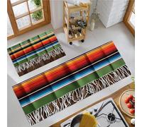 Tapis De Cuisine De Rayures Mexicaines Pompons 2 Pièces, Ensemble De Tapis De Cuisine Lavable Style Ferme Vintage, Paillasson Antidérapant Vert Foncé Pour D'Entrée Salle De Bain, 40X60Cm+40X120Cm