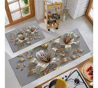 Tapis De Cuisine De Relief Métallique 3D Forme Lys 2 Pièces, Ensemble De Tapis De Cuisine Lavable Botanique Luxueux, Paillasson Antidérapant Gris Argenté Pour D'Entrée Salle De Bain, 43X75Cm+43X150Cm