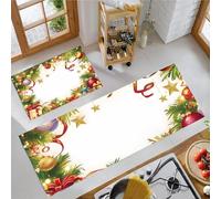 Tapis de Cuisine Devant Evier Branches Boules Rubans Noël Lot de 2 Tapis de Passage de Cuisine Bordure Noël Antidérapant Lavable pour Couloir, la Salle à Manger et l’ entrée, Vert 45x75cm+45x150cm