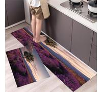 Tapis de Cuisine Devant Evier Coucher Soleil sur Un Champ Lavande Lot de 2 Tapis de Passage de Cuisine Champs Provence Antidérapant Lavable pour Couloir, Salle à Manger, Violet Foncé 45x75cm+45x150cm