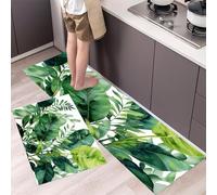 Tapis de Cuisine Devant Evier Feuilles Tropicales Lot de 2 Tapis de Passage de Cuisine Style Clipart Antidérapant Lavable pour Couloir, la Salle à Manger et l’ entrée, Vert 40x60cm+40x120cm