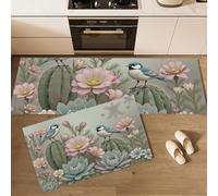 Tapis de Cuisine Devant Evier Fleurs Cactus Oiseaux Lot de 2 Tapis de Passage de Cuisine Plantes Succulentes Antidérapant Lavable pour Couloir, Salle à Manger et l’ entrée, Vert Sauge 43x75cm+43x150cm