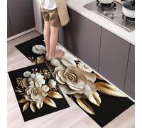 Tapis de Cuisine Devant Evier Fleurs De Feuilles d'or Lot de 2 Tapis de Passage de Cuisine Bouquet 3D Antidérapant Lavable pour Couloir, la Salle à Manger et l’ entrée, Noir 40x60cm+40x120cm