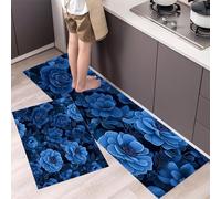 Tapis de Cuisine Devant Evier Fleurs Gothiques Lot de 2 Tapis de Passage de Cuisine Fleurs Élégantes Antidérapant Lavable pour Couloir, la Salle à Manger et l’ entrée, Indigo 43x75cm+43x120cm