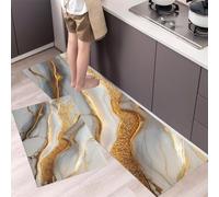 Tapis de Cuisine Devant Evier Marbre Luxe, Antidérapant et Lavable Tapis de Cuisine Veines Fragmentation L'Or Tapis de Paillasson pour Manger, Couloir, Buanderie,40x60cm+40x120cm, Blanc Laiteux