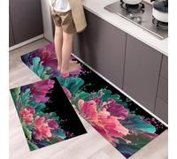 Tapis de Cuisine Devant Evier Peinture À L'Encre Lot de 2 Tapis de Passage de Cuisine Peinture Acrylique Antidérapant Lavable pour Couloir, la Salle à Manger et l’ entrée, Bleu-Vert 40x60cm+40x120cm