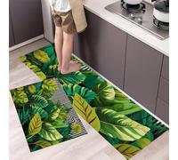 Tapis de Cuisine Devant Evier Rayures Et Feuilles Vertes Lot de 2 Tapis de Passage de Cuisine Jungle Tropicale Antidérapant Lavable pour Couloir, la Salle à Manger et l’ entrée, Vert 40x60cm+40x120cm