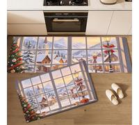 Tapis de Cuisine Devant Evier Vitrine Noël Antidérapant Lavable | Tapis de Cuisine La Ville Noël À L'Extérieur Fenêtre, Absorbant Huile et Eau, Facile à Nettoyer pour Buanderie, Manger et Entrée